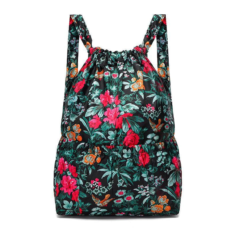 Mochila feminina com cordão, leve, de nylon, à prova d'água, grande capacidade, com cordão, bolsa de viagem, fitness, esportiva