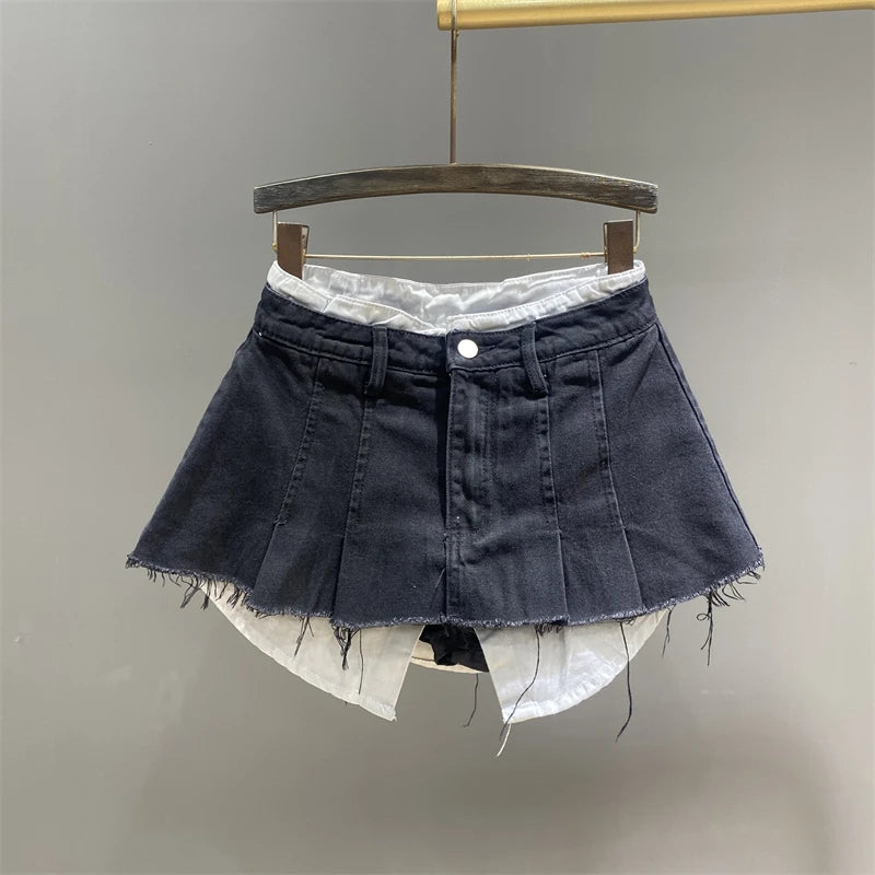 Spring and Summer New Fake Two-Piece Patchwork Pink Short Denim Skirt Women Slimming A-line Mini Pleated Skirt High Street