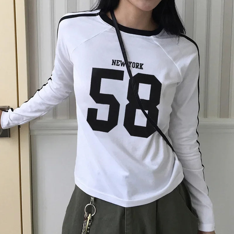 Letter Vintage Y2k Tshirt Women Harajuku Streetwear Grunge Japanese 2000s Long Sleeve Round Neck T-shirts Korean Fashion Tops