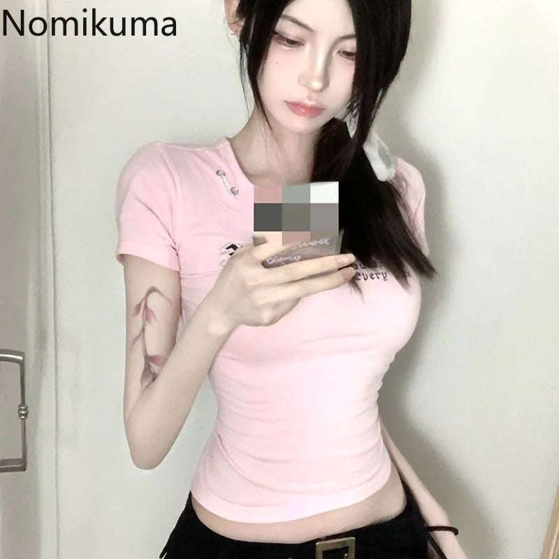 Harajuku Y2k T-shirts Women Clothing Bandage Sexy Summer Tees 2024 Ropa Mujer Crop Tops Print Hollow Out Backless Pink T Shirt