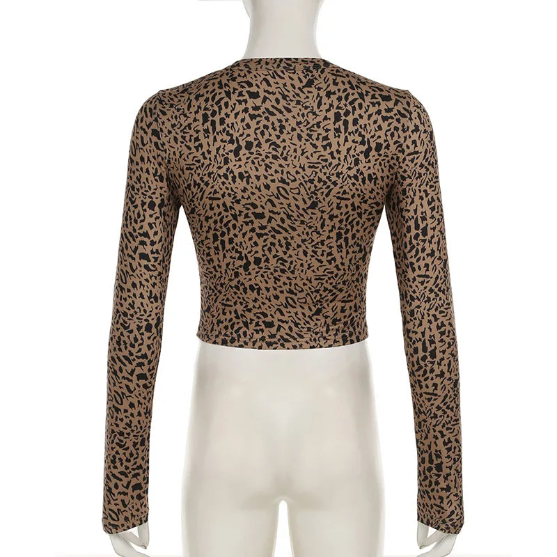 Leopard Print Two Piece Set Women O-neck Long Sleeve Single Breasted Cardigan T-shirts Crop Top + Pencil Pants Streetwear Suits