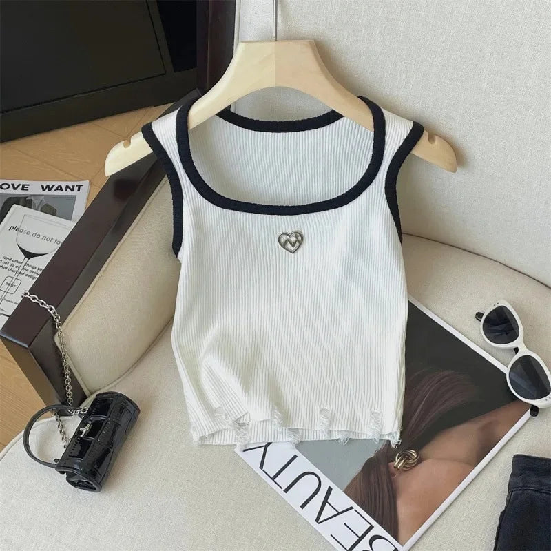 American Style Sexyknit Heart Shaped Tank Top For Women Versatile Color Blocking Summer Outer Wear Plus Size Vest/Suspender