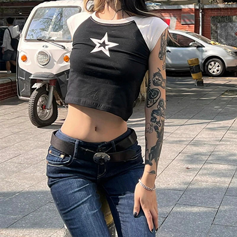 Kawaii Top Cropped Feminino Harajuku Bebê Camiseta Y2K Goth Manga Curta Streetwear Estampa de Estrela Roupas Camiseta Cena Emo Vintage Grunge