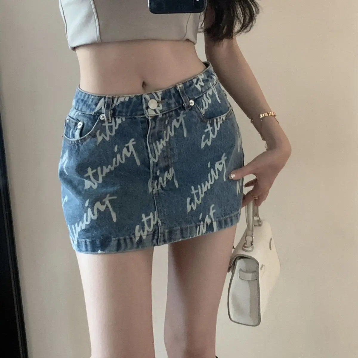 Letter Printing High Waist Cowboy A-Line Skirt Summer Fashion Women Clothing Fashionable Sexy Slim Mini Skirt Summer Trend