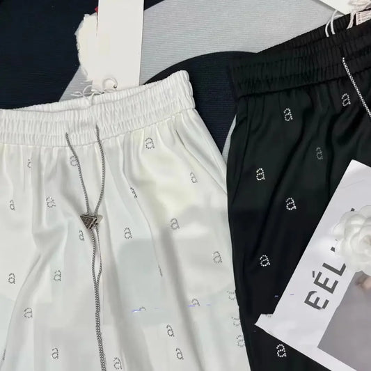 2024 Acetic Acid Hot Diamond A Letter High Waist Casual Pants Elastic Waist Covering Meat Wide Leg Pants