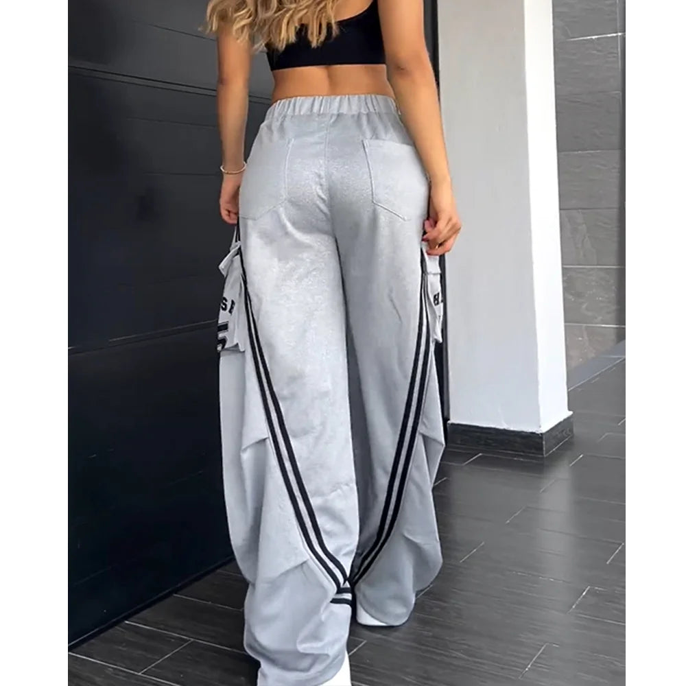 Fashionable Women Denim Patchwork Side Pocket Patchwork Loose Trousers Splicing Sweatpants Wide Leg Straight Hip Hop Pants