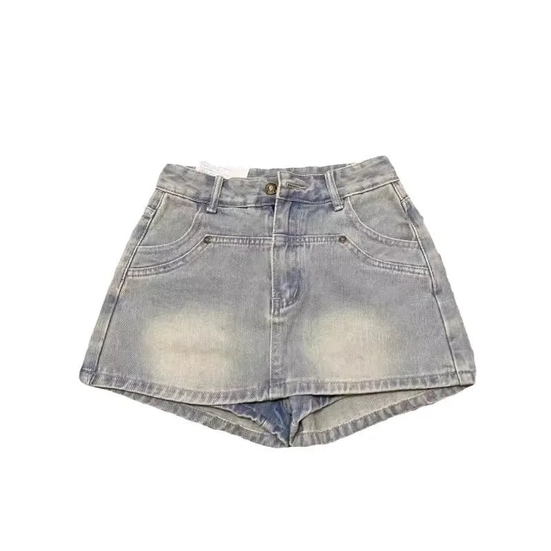 Saia jeans vintage desgastada para mulheres, cintura alta, emagrecimento, mini shorts em linha A, moda casual de verão, moda feminina