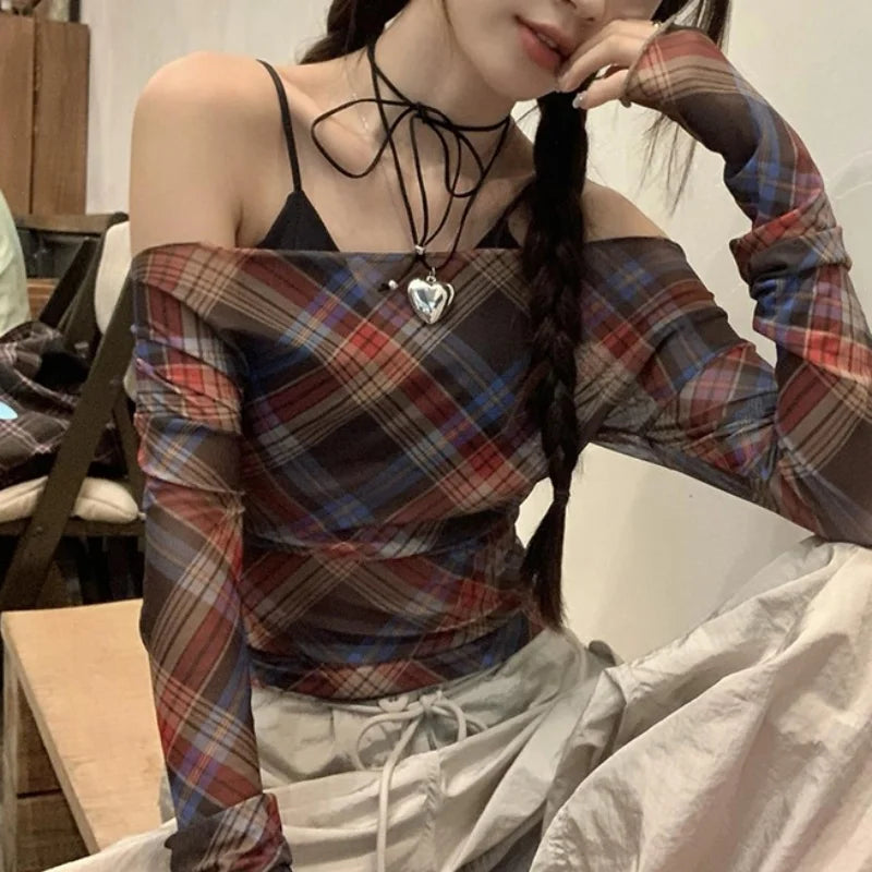 Xingqing y2k Tops Women Grunge Fairycore Clothing Plaid Print Off Shoulder Long Sleeve Mesh T Shirts 2000s Clothes Streetwear