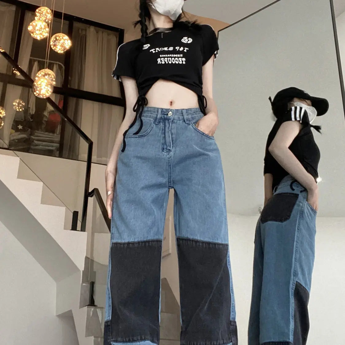 Retro Hot Girl Stitching Street Hip-hop Contrastando Cor Empilhados Jeans para Mulheres Calças Retas de Cintura Alta Calças de Perna Larga