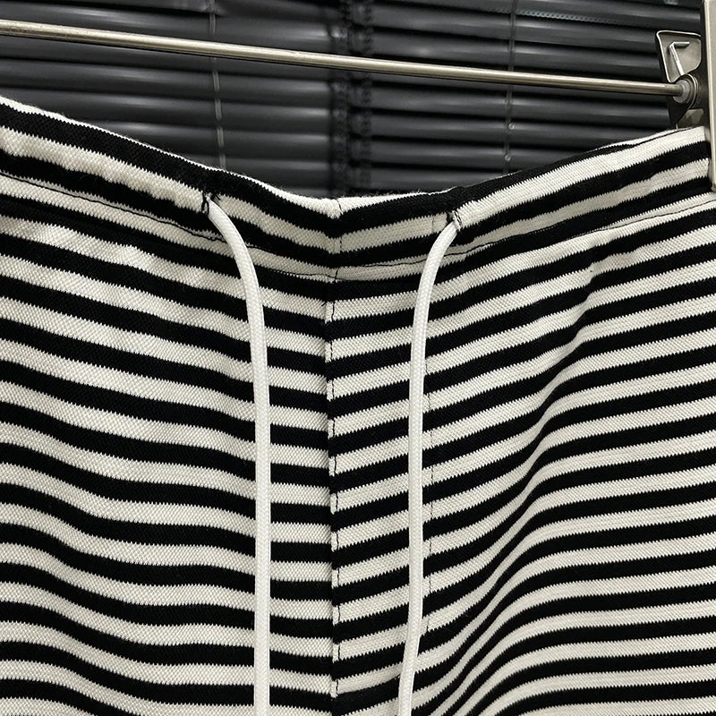 DEAT 2024 Autumn New Fashion Women's Striped Contrast Color Shorts Drawstring Design Elastic Casual Hot Pants Female 11A01024