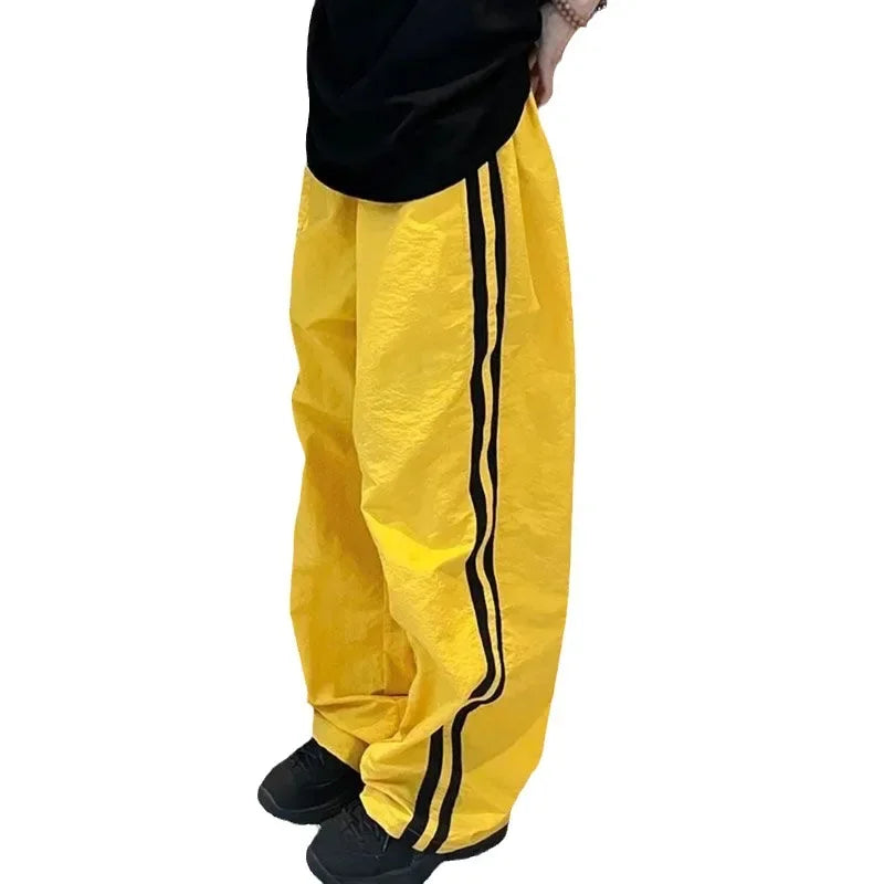 Y2K Vintage White Sweatpants Women Streetwear Hip Hop Quick Dry Yellow Joggers Oversize American Retro Striped Track Pants