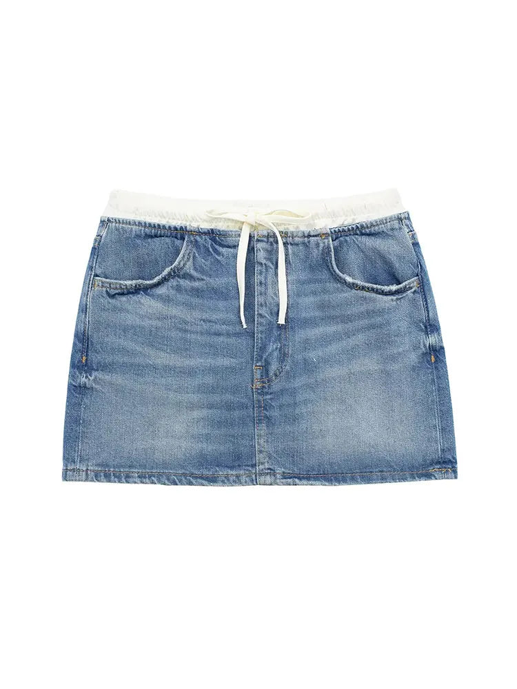 TRAF 2024 Female New Denim Skirt Patchwork High Waist Slim Mini Skirts Woman Wild Lace Up Vintage Streetwear Women's Skirt Y2K