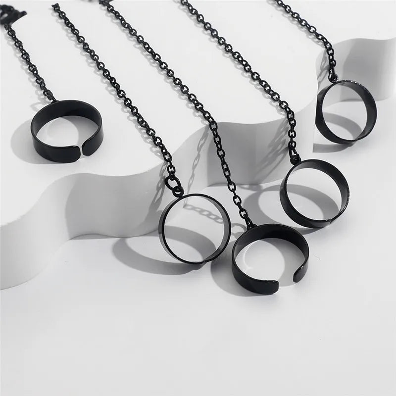 Punk Geometric Black Silver Color Chain Wrist Rings For Women Men Gothic Hip Hop Chain Open Rings Set Couple Fashion Jewelry