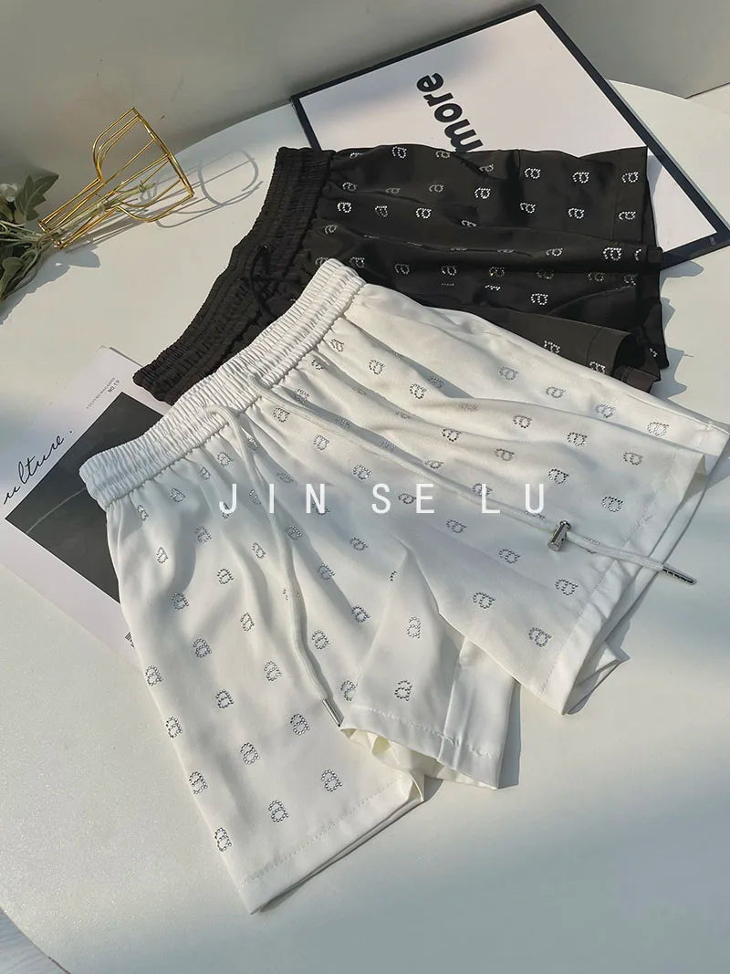 Summer Thin Rhinestone Letter Shorts Women's Fashion High Waist Loose Drooping Casual Versatile Slimming Ladies Wide Leg Pants