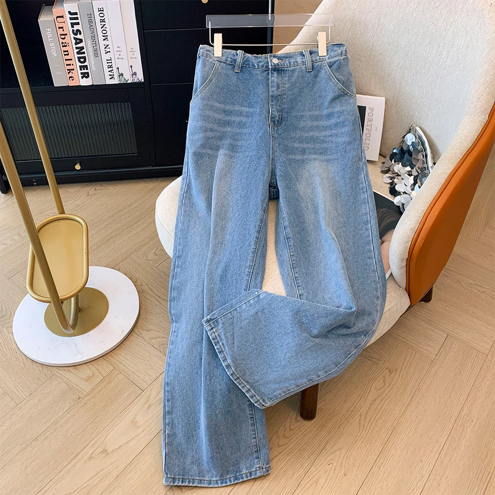 Calça jeans feminina plus size casual para viagem no outono, folgada, confortável, azul escuro, cintura alta, perna reta, bolso com botão, perna larga e comprida