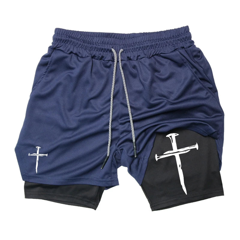 Cross Graphic 2 in 1 Workout Running Shorts for Men Christian Gym Performance Shorts with Phone Pocket Towel Loop Active Wear