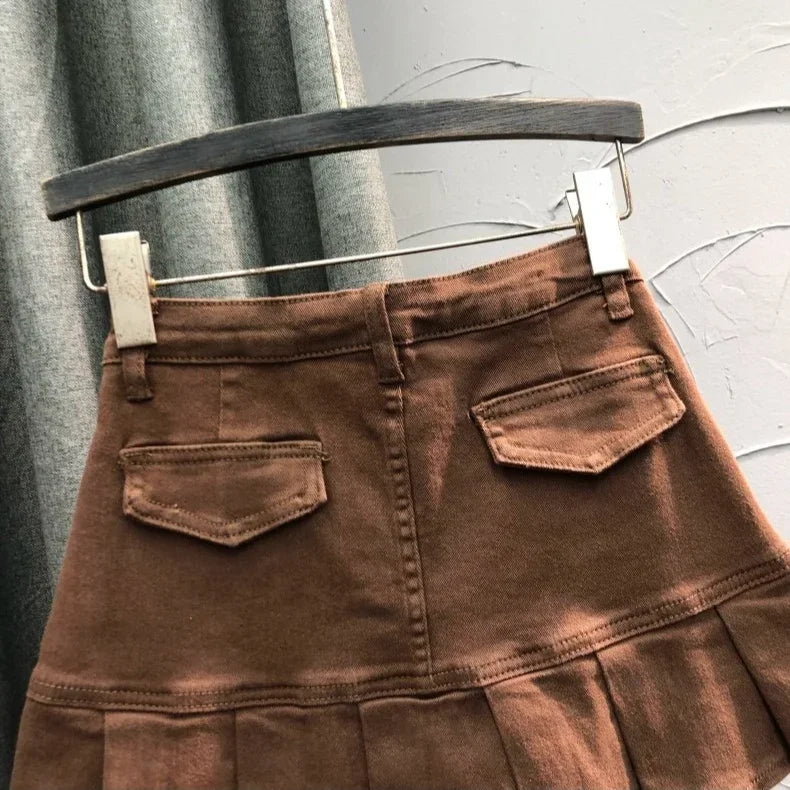 Fashion Rivet Pleated Mini Skirt Brown High Waist Fake Pocket Slim A Line Denim Skirt for Women Summer Red Black Blue Skirts