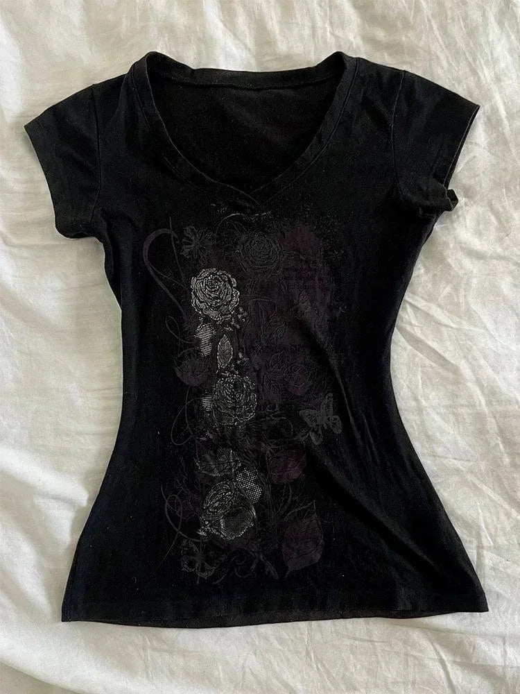 Y2k Estética Flor Impressão Mulheres Grunge Camisetas Vintage Slim Harajuku Causal Preto Camisetas 2024 Verão Bottoming Crop Tops