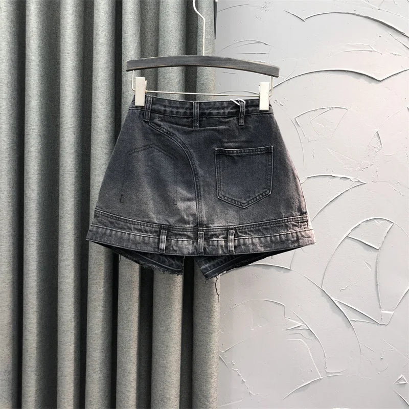 Shorts jeans europeu falso de duas peças, saia para mulheres, novo, elegante, patchwork, bolso, botão, linha A, perna larga, calças quentes