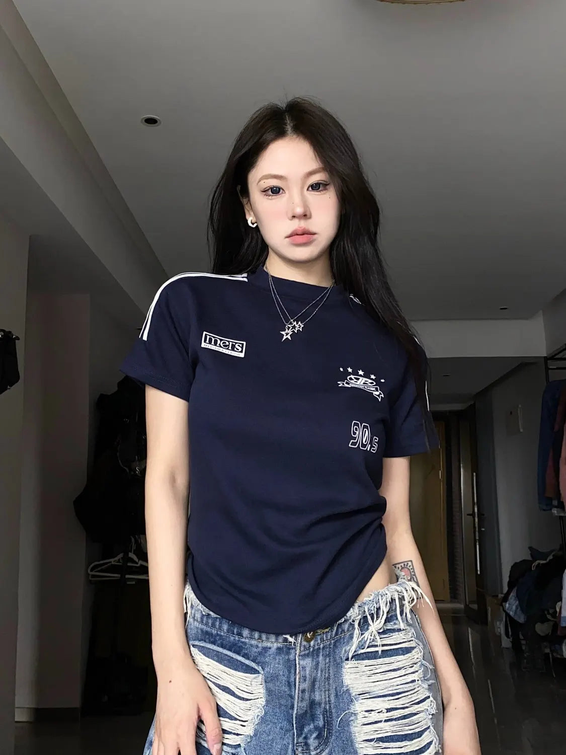 Summer American Retro Sports Style Short Cotton T-Shirt Women's Slim Three Stripes Hot Girl Right Shoulder Short Sleeve Trendy