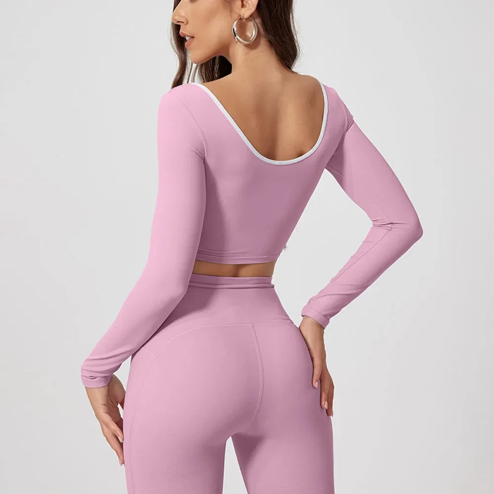 Round Collar Colorful Yoga Long Sleeve Women Stretchy Quick Dry Casual Tight Tops Gym Training Running Sports Fitness Clothing