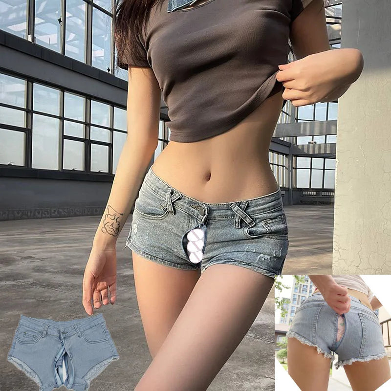 Calças de sexo ao ar livre com virilha aberta Moda feminina Casual Verão Mulheres Denim Booty Shorts Cintura alta Tamanho grande Sexy Short Jeans rasgado