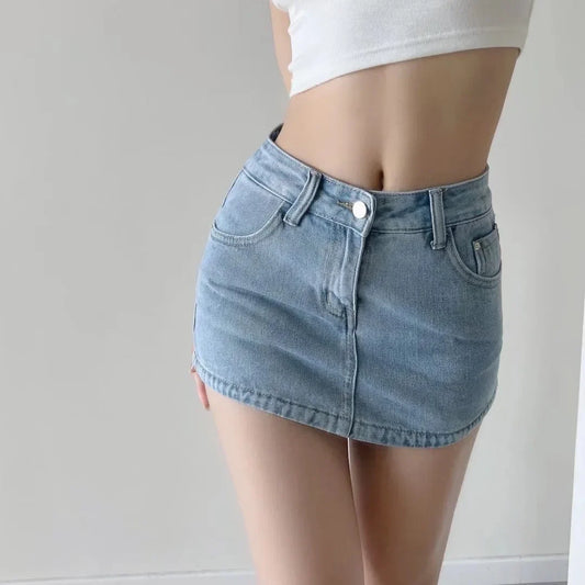 New Summer High-Waisted Mini Dress Women's Denim A- Skirt With Bottoming Pants Casual Fashion Female Curve-Hugging Bottom Skirt