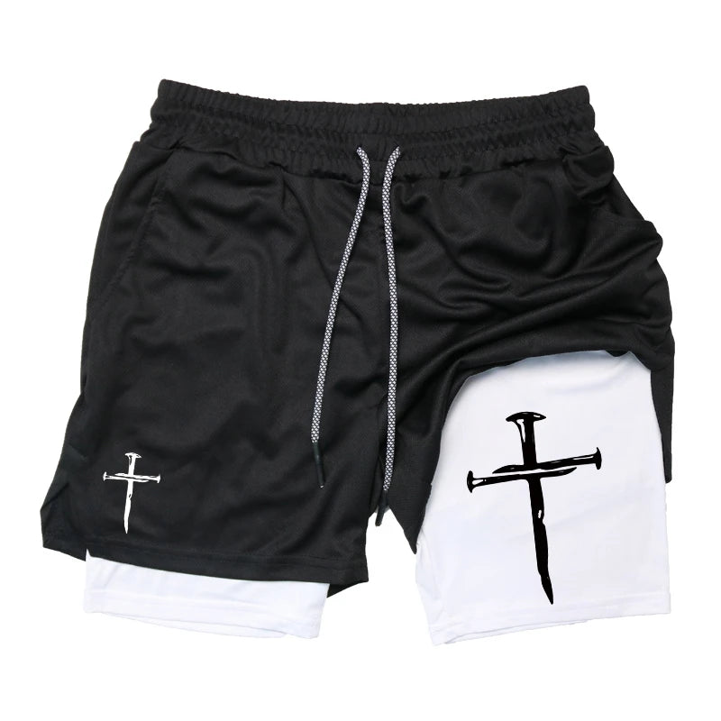 Cross Graphic 2 in 1 Workout Running Shorts for Men Christian Gym Performance Shorts with Phone Pocket Towel Loop Active Wear