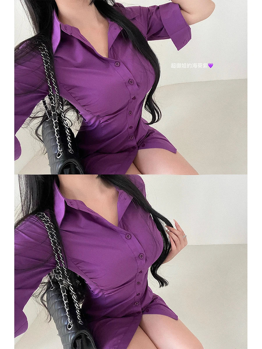 fashion women mini dress single breasted slim slim pleated waist mid sleeved shirt dress short dress elegant KFB2