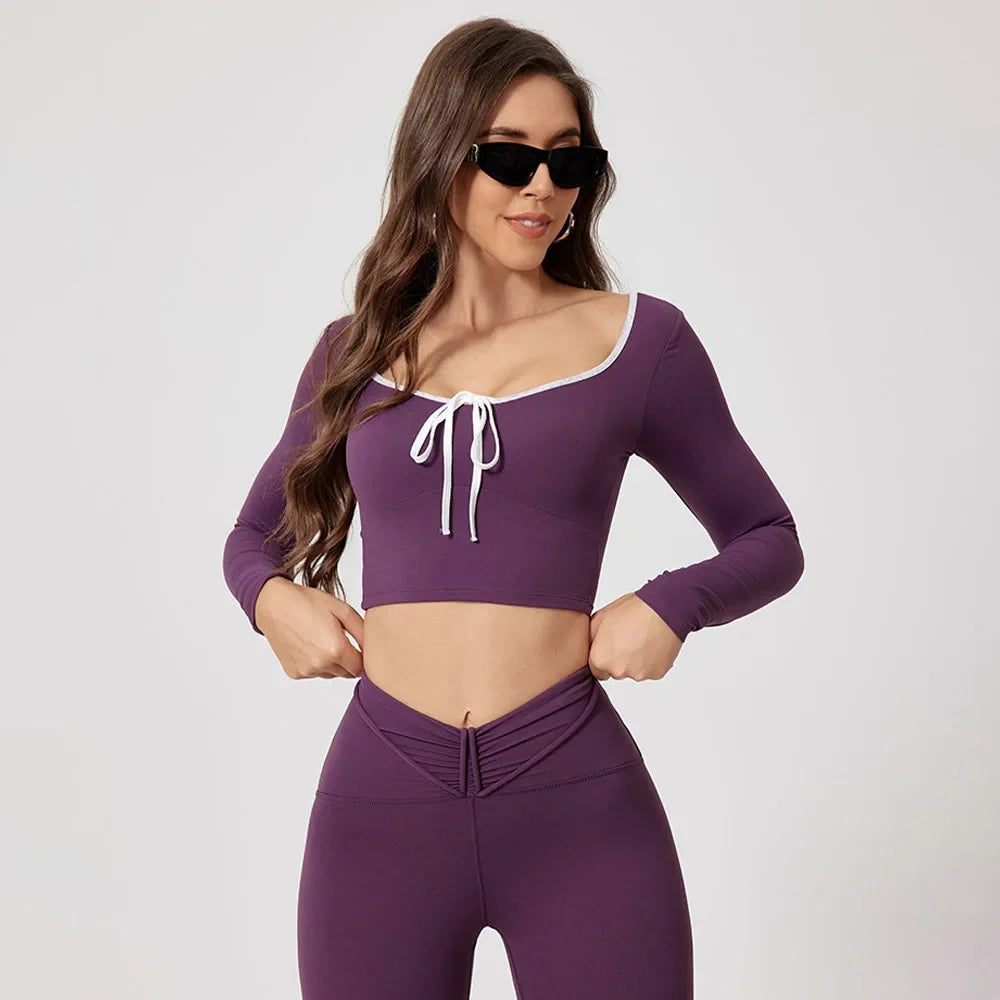 Round Collar Colorful Yoga Long Sleeve Women Stretchy Quick Dry Casual Tight Tops Gym Training Running Sports Fitness Clothing