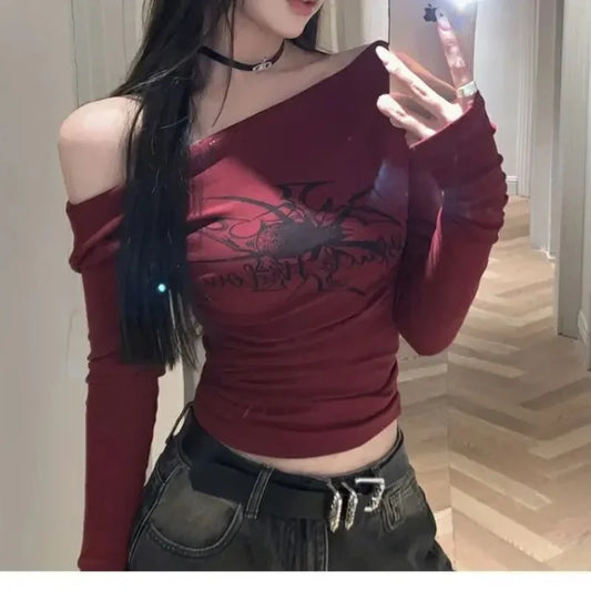 Retro Red Women's T-Shirts Slash Neck Long Sleeve Top Spider Print Hip-Hop Blouses Y2K Hotsweet Streetwear Casual Matching Top