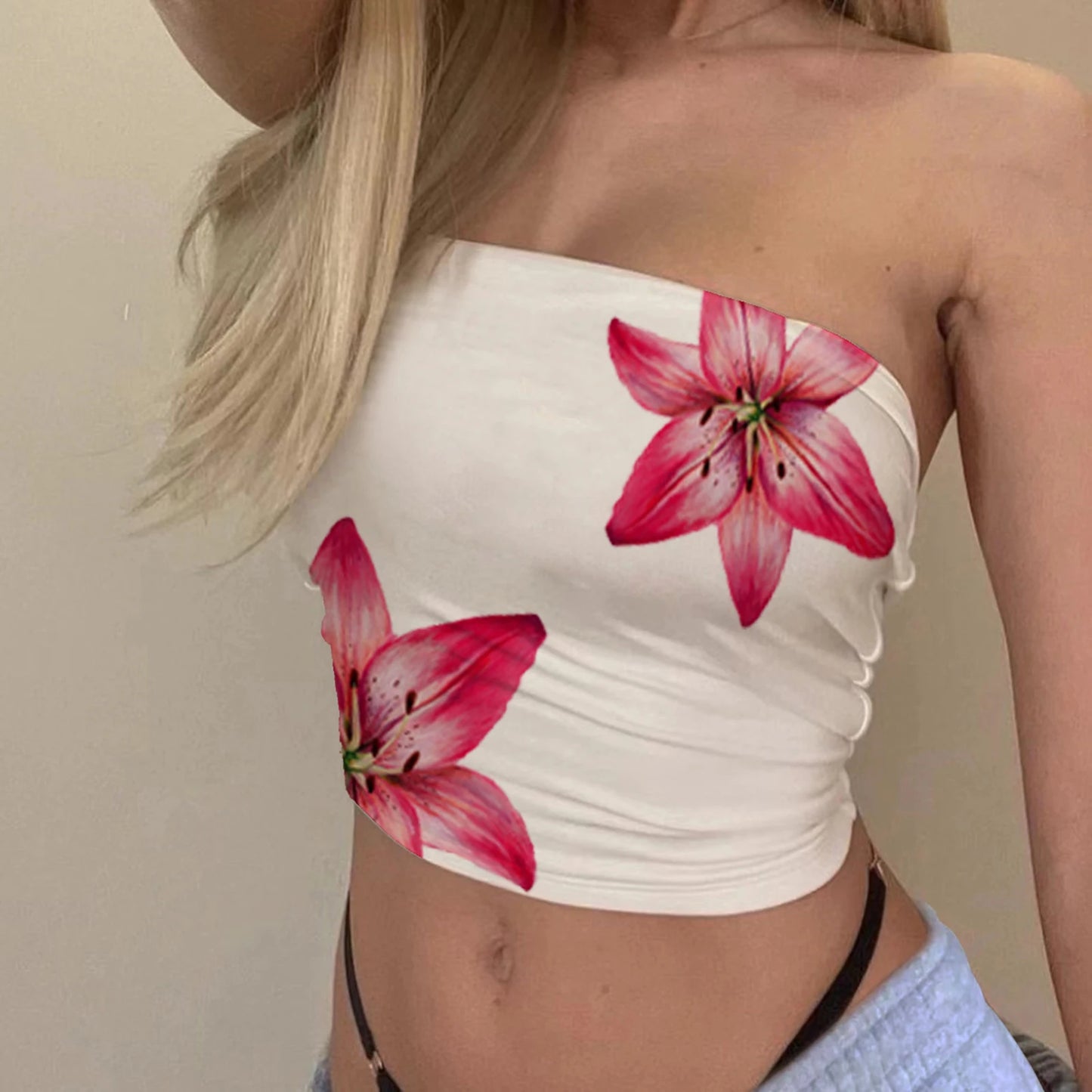 Women Bandeau Tanks Tops Floral Tube Tops Strapless Slim Fit Shirts Streetwear Fashion Strapless Camisole Summer Outerwear