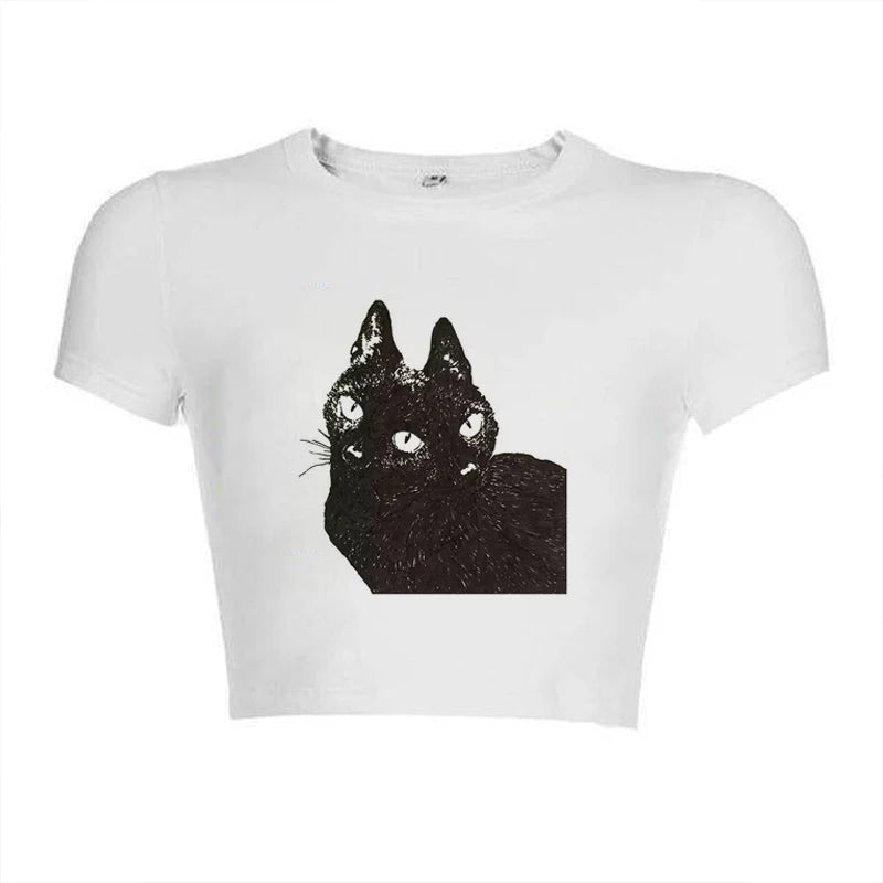 Vintage Cat Print Women Casual Baby Tee Streetwear Aesthetic Short Sleeve T-Shirt Y2k Clothes Gothic Emo Girl Croped Tops