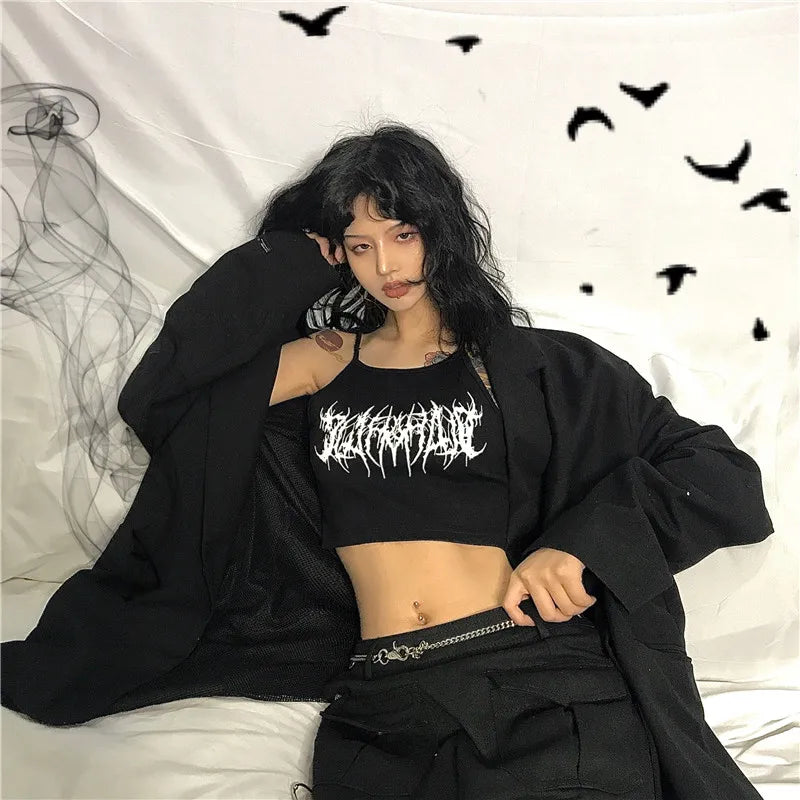 Y2k Goth Punk women Halter gothic egirl Patchwork Sling crop top Sexy Cut Out Casual t-shirt black graphic dress kpop clothing