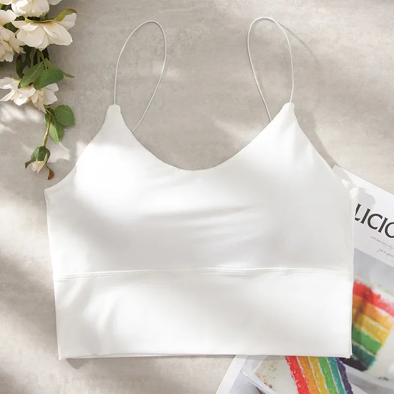 New Summer Ice Silk Vest Top Women Sexy Built In Bra Off Shoulder Sleeveless Camisole Underwear Crop Tops Sports Spaghetti Strap