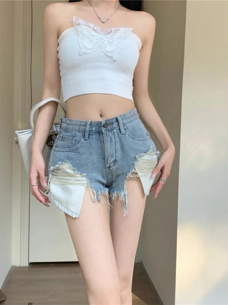 Denim High Waisted Shorts Women Summer Sexy Fashion Leaky Pocket Slim All-match Spicy Fur-lined Tassel Distressed Design A-line