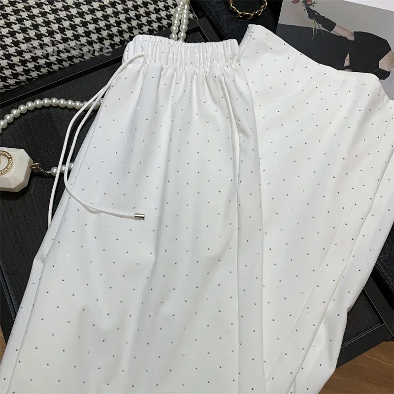 2024 Novas Calças Femininas Primavera Verão Alta Qualidade Beading Soltas Calças Retas Pantalones Mujer Moda Coreana Streetwear