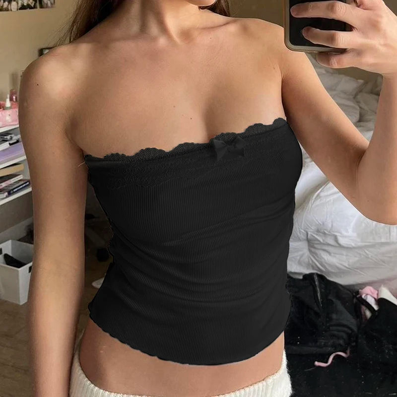 Darlingaga Pink Lace Spliced Sweet Summer Tube Top Folds Bow Korean Style Crop Tops Women Bandeau Strapless Coquette Clothes Y2K