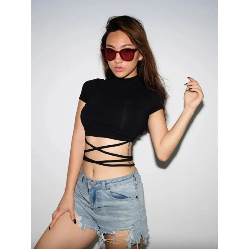 Verão Mulheres Preto Curto T-Shirts Sexy Crop Tops Manga Curta Bandage Tee Tops Camisas Femininas