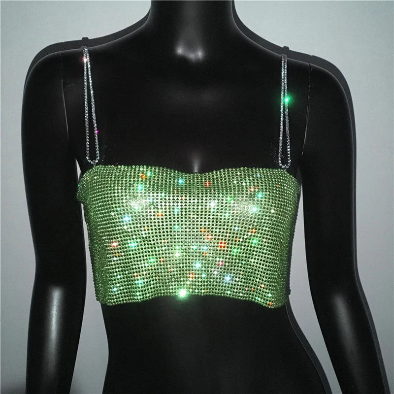 2022 Lantejoulas Brilhantes Cristal Corrente Regata Glitter Metal Malha Halter Alça Metálica Tops Curtos Festival Festa Sexy Roupas Femininas