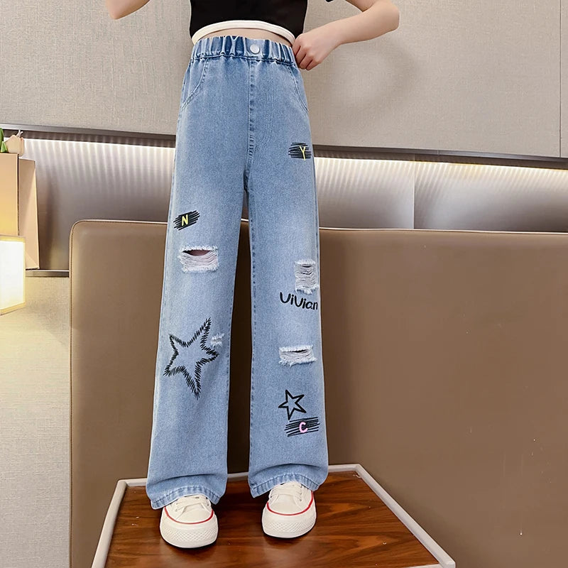 Girls, middle and large kidsren's summer creative five-pointed star denim wide-leg pants