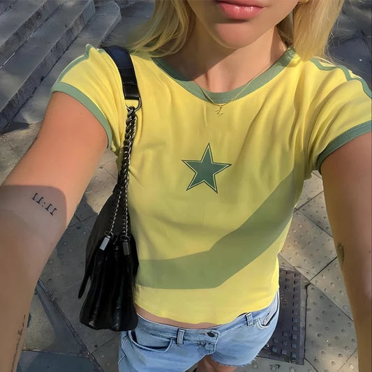 Summer E-girl Stars Graphic Print Y2k Aesthetic T-shirt Goth Harajuku Vintage O-neck Short Sleeve Yellow Crop Top Streetwear