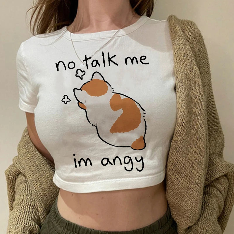 Women 2000s Sweet Funny Cat T Shirt Crop Top Women Shirt Cropped Ulzzang T-shirt 90s Tshirt Top Tee Female Gothic Shirt