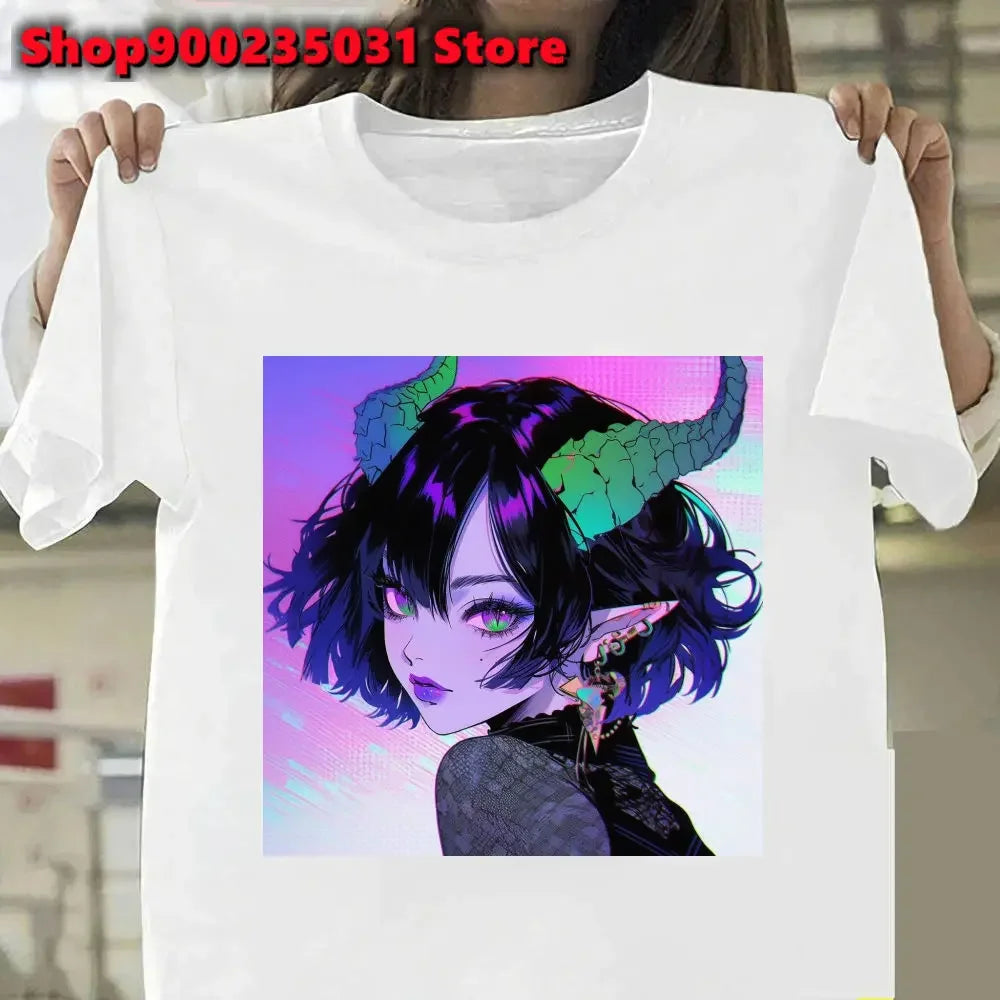 New Pink Demon Girl T-Shirt Streetwear Y2k Graphic Angel T-Shirt Harajuku Summer Women Aesthetic Oversized Outfit Tee Shirt