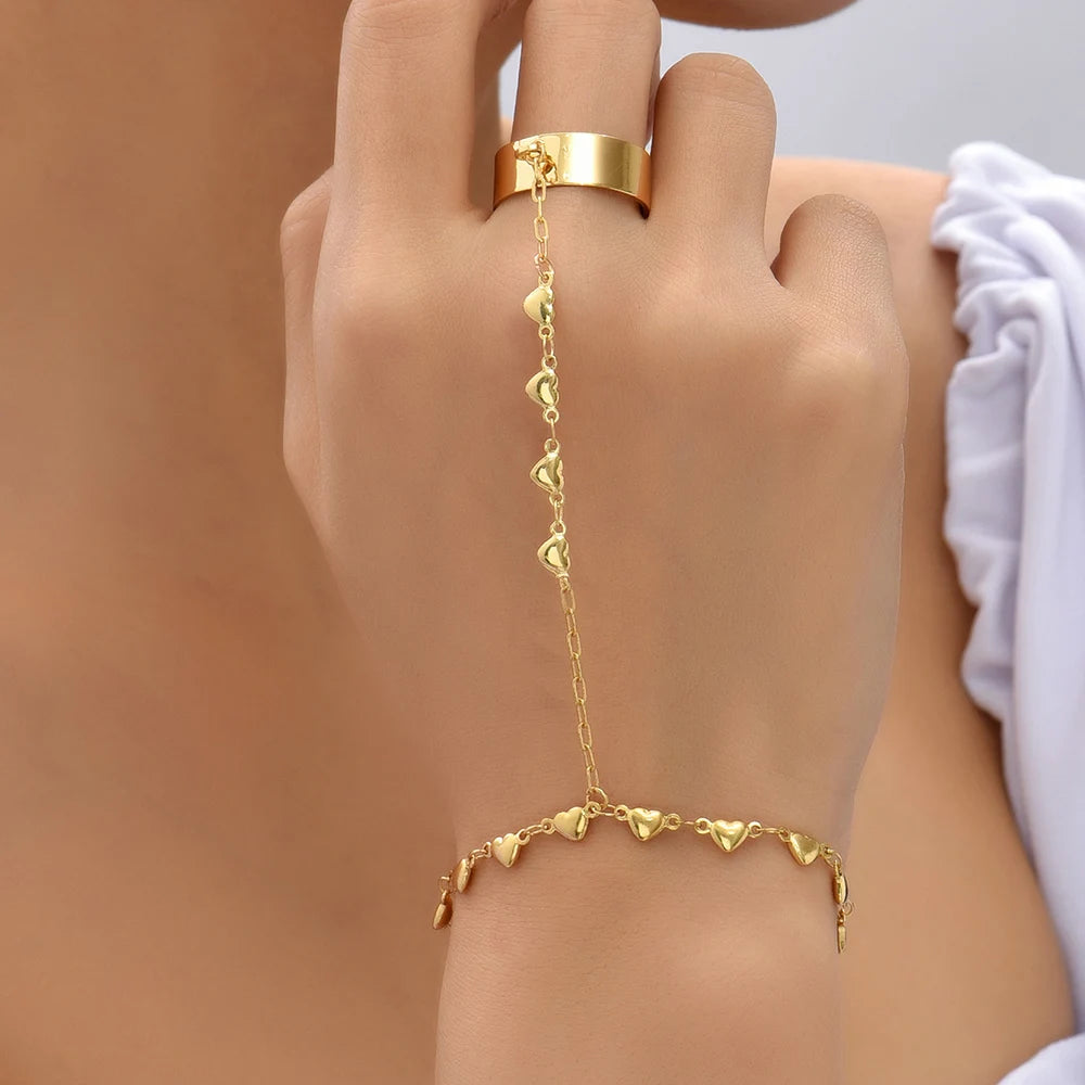 Dainty Hand Chain Bracelet Ring Gold Plated Handmade Link Chains Connecting Harness Bracelets Hand Jewelry for Women Trendy Gift