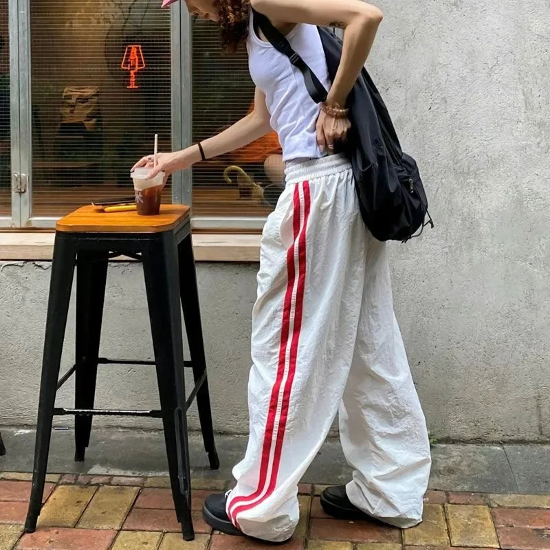 Y2K Vintage White Sweatpants Women Streetwear Hip Hop Quick Dry Yellow Joggers Oversize American Retro Striped Track Pants