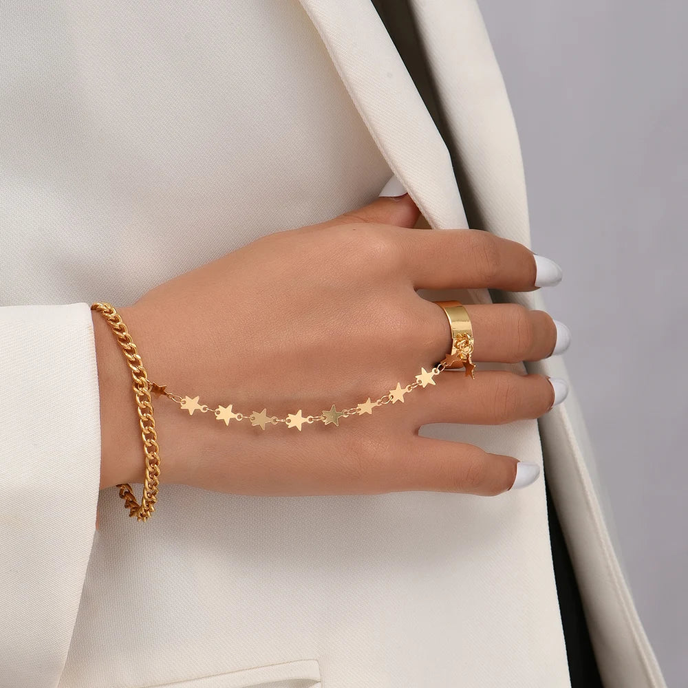 Dainty Hand Chain Bracelet Ring Gold Plated Handmade Link Chains Connecting Harness Bracelets Hand Jewelry for Women Trendy Gift