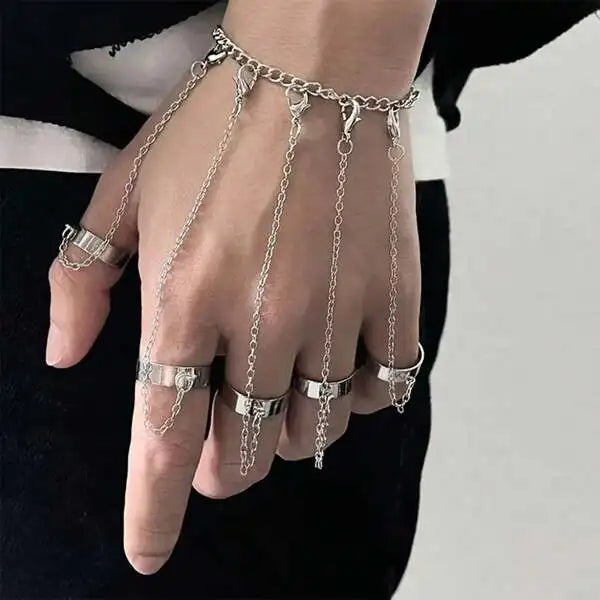 Metal Cool Cyberpunk Geometric Premium Feel Chain Wrist Rings Bracelet Charming Hip Hop Chain Open Rings Set Fashionable Jewelry