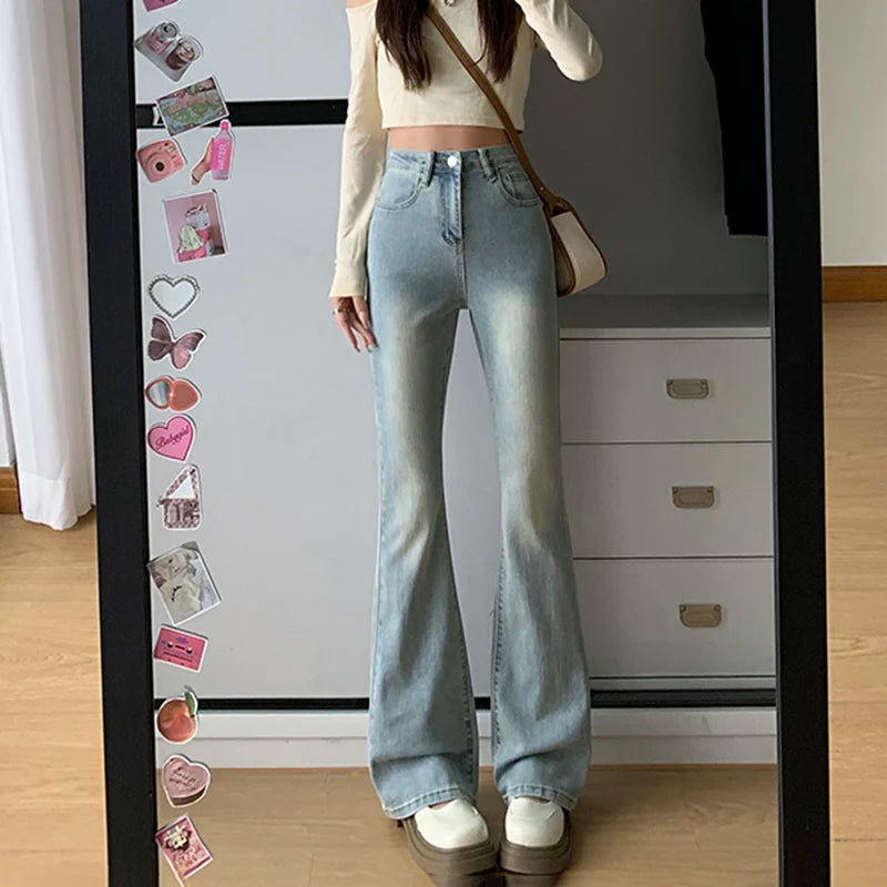 Women Flare Stretch Moustache Jeans Fashion Skinny Bell Bottom High Waist Gray Denim Pants Lady Classic Y2K Punk Long Trousers