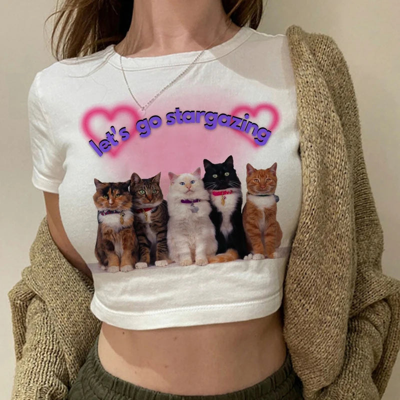 Mulheres 2000s Doce Engraçado Gato Camiseta Top Curto Camisa Feminina Camiseta Ulzzang Curta 90s Camiseta Top Camiseta Feminina Camisa Gótica